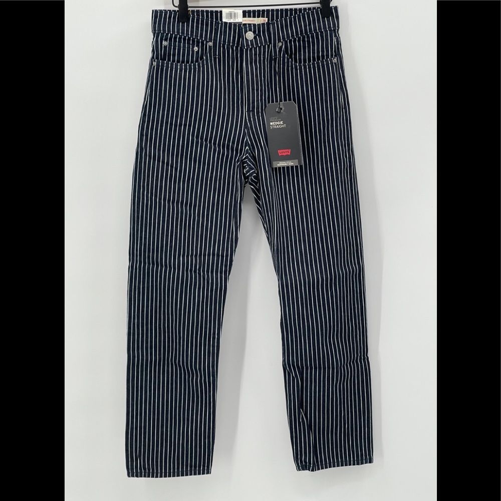 Levi’s Wedgie Straight High Rise Jeans Dark Blue White Pin Striped Women’s Denim